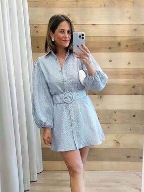 Olivaceous Blue and White Striped Shirt Dress - Boutique Dress